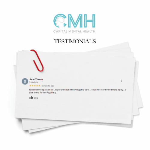 Stack of testimonial cards with CMH logo on top.